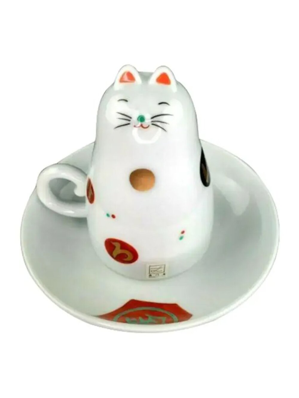 2000s Maneki Neko Cat Teacup Upside Down Cup and Saucer Set- 2 Pieces